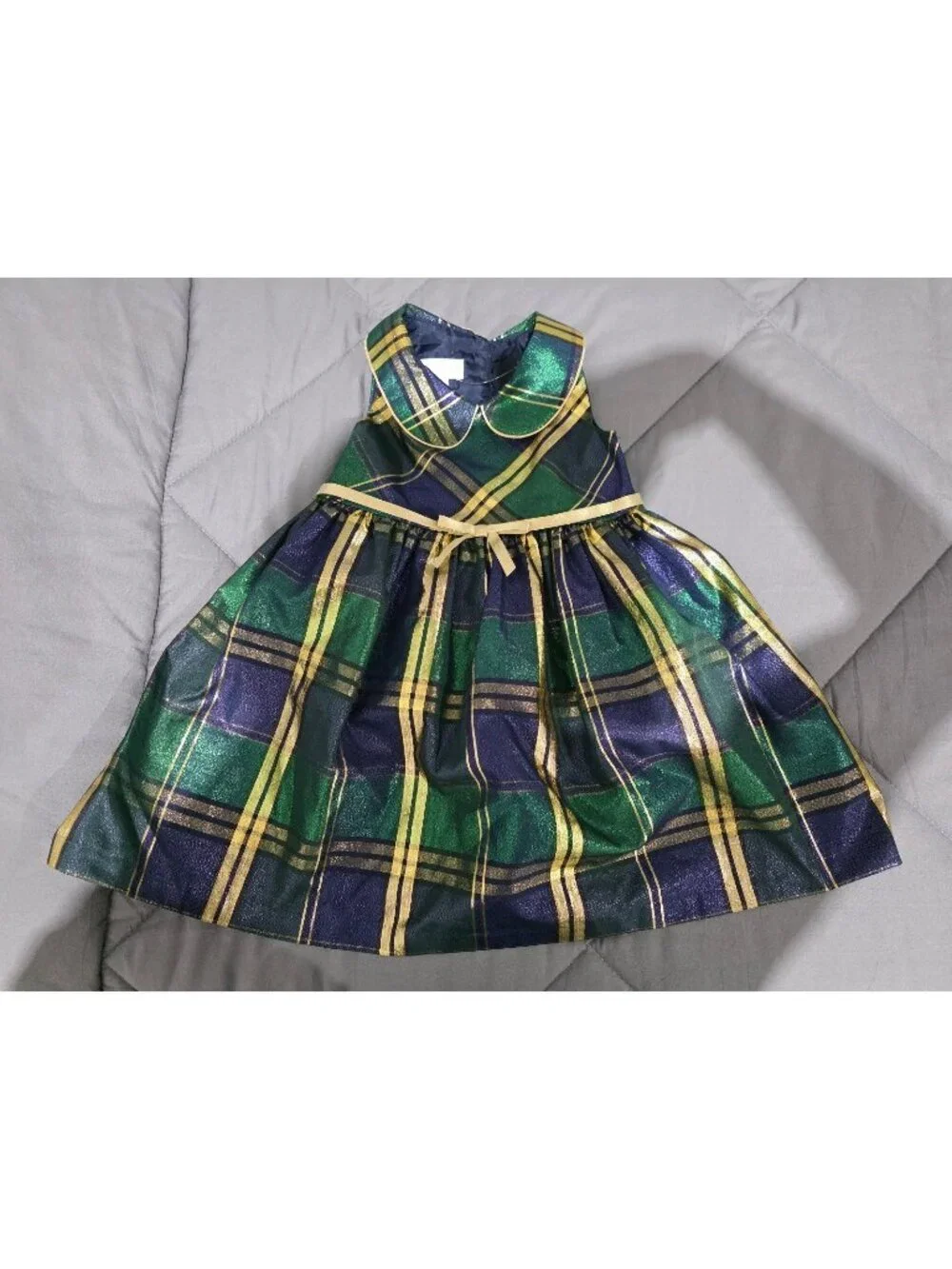 Bonnie Jean Girls 3T Metallic Green and Gold Plaid Party Holiday Christmas Dress